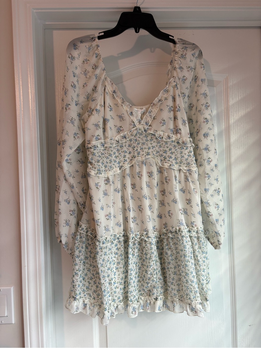 Altar'd State Cream Dress with Blue Floral Ruffle Tiers